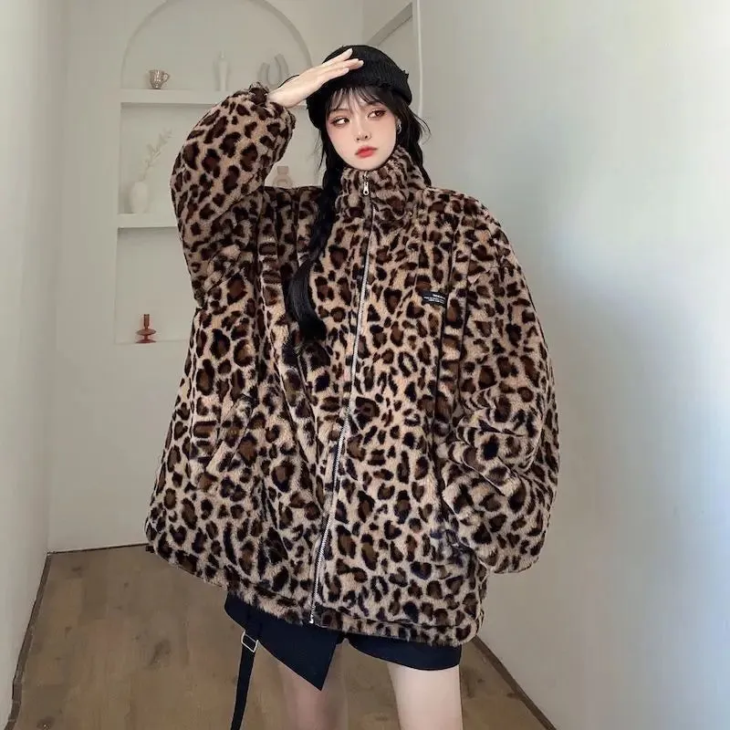 TAVIMART  -  New Winter Leopard Print Women Faux Fur Coats Stand Collar Warm Parkas Outwear Autumn Winter Korean Loose Faux Fur Jacket Women