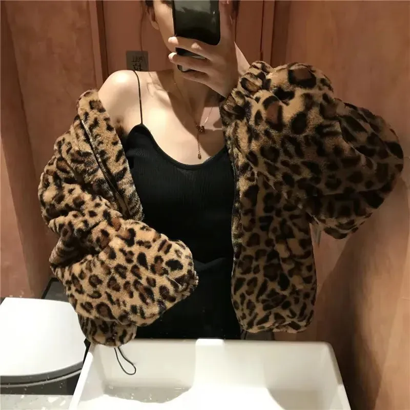 TAVIMART  -  New Winter Leopard Print Women Faux Fur Coats Stand Collar Warm Parkas Outwear Autumn Winter Korean Loose Faux Fur Jacket Women