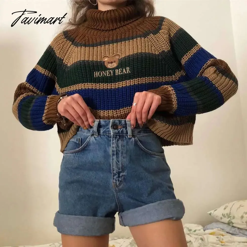 Tavimart Womens Striped Roll Neck Jumper Sweater with Embroidered Honey Bear Turtleneck Oversized Chunky Knit Pullovers