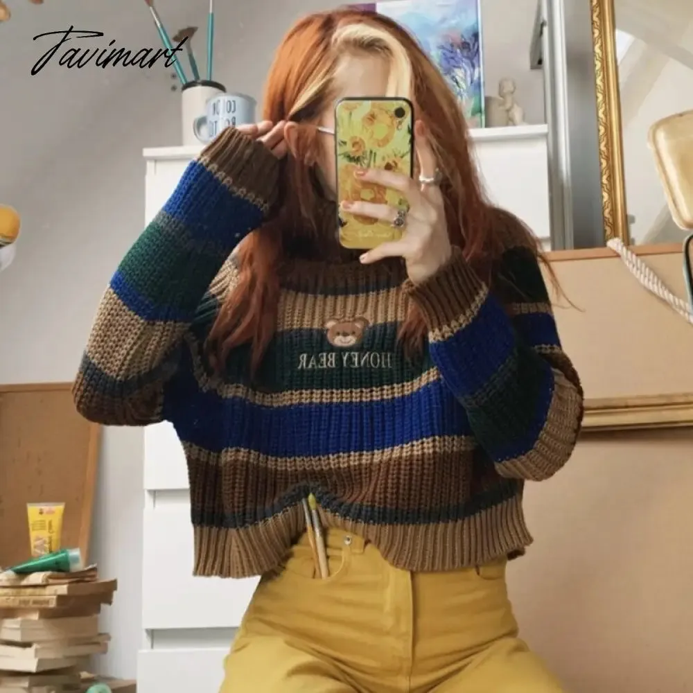 Tavimart Womens Striped Roll Neck Jumper Sweater with Embroidered Honey Bear Turtleneck Oversized Chunky Knit Pullovers