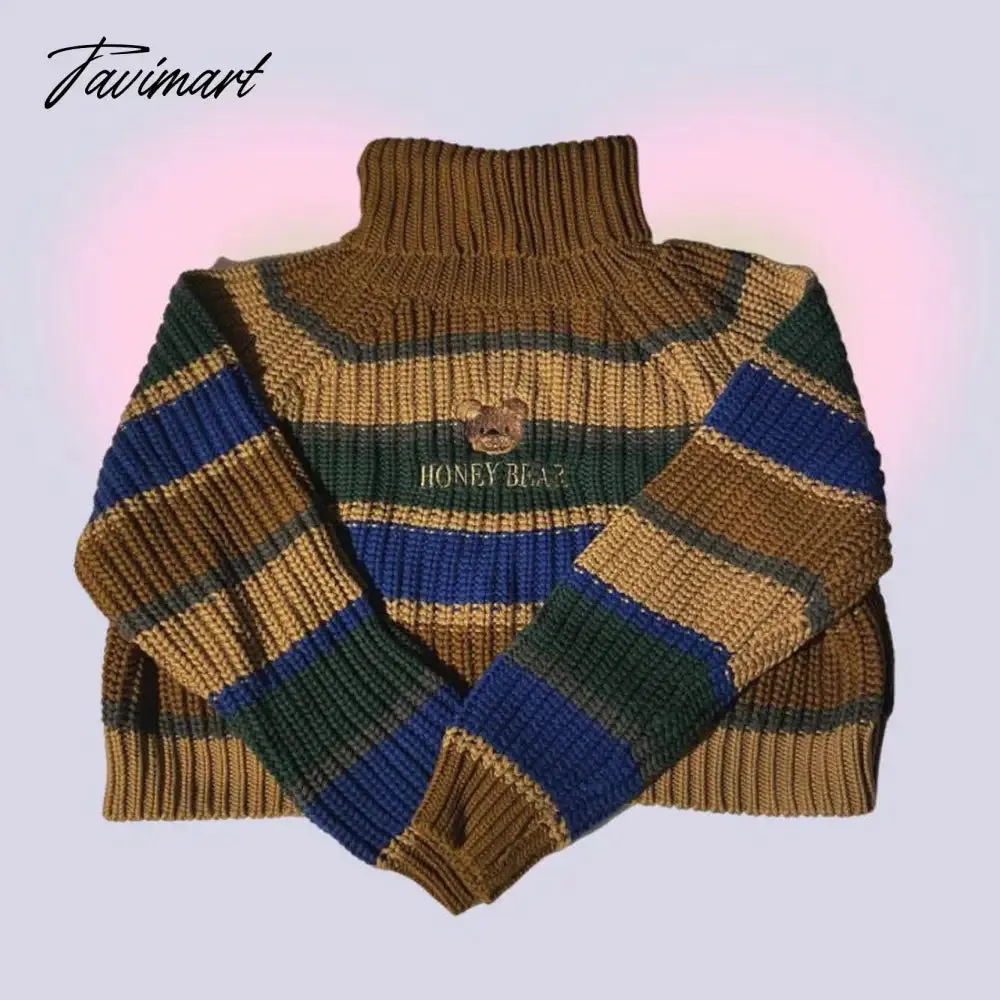 Tavimart Womens Striped Roll Neck Jumper Sweater with Embroidered Honey Bear Turtleneck Oversized Chunky Knit Pullovers