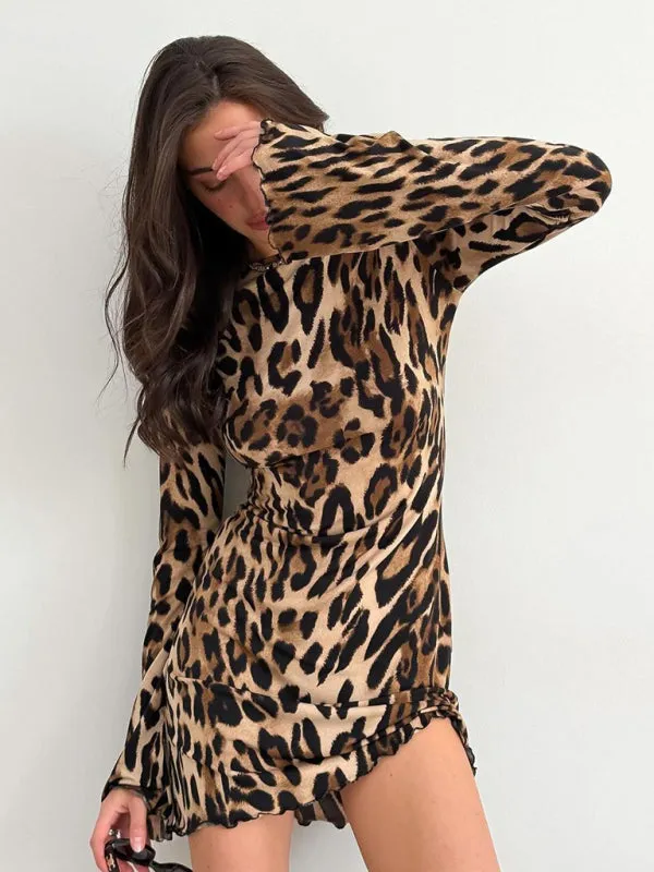 TEEK - High Waist Round Neck Long Sleeve Leopard Dress