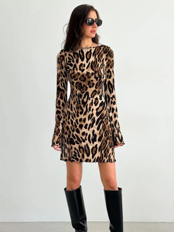 TEEK - High Waist Round Neck Long Sleeve Leopard Dress