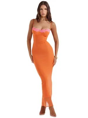 TEEK - Orange Thin S trapless Long Lace Tube Dress