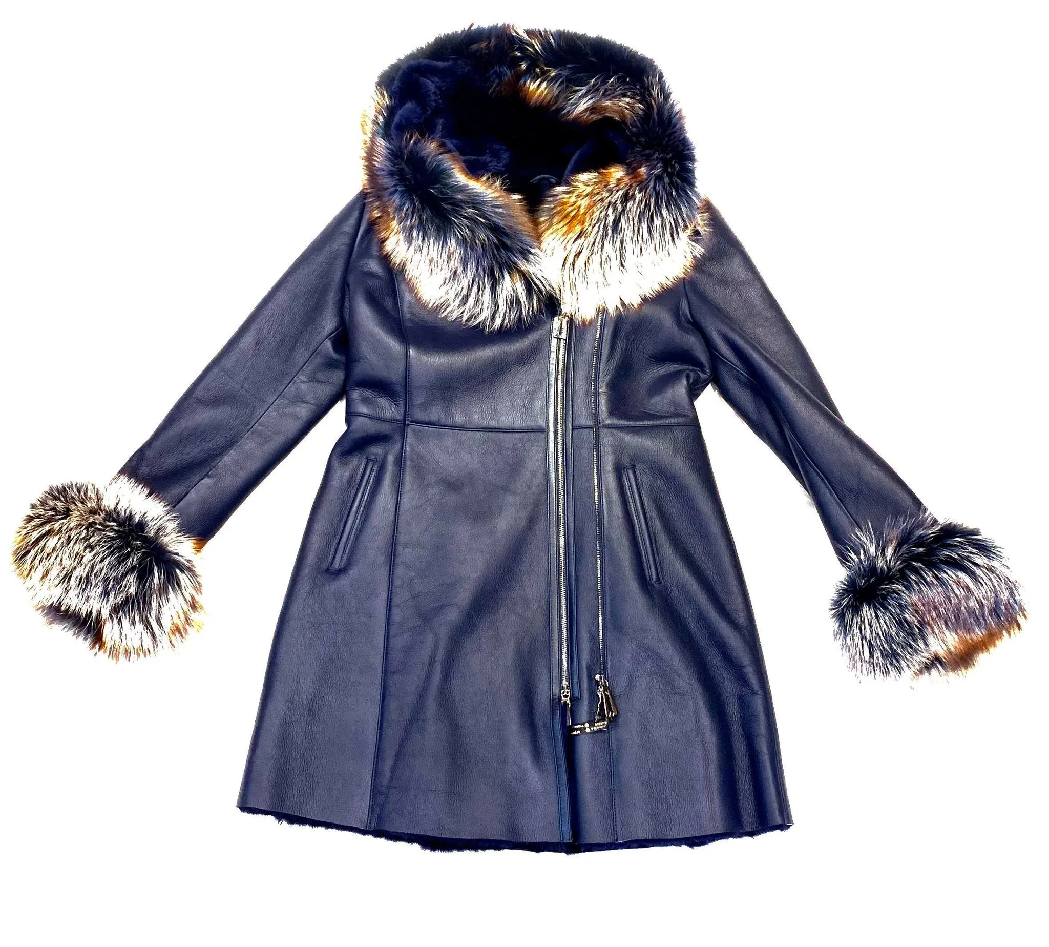 Temer Women's Navy Blue Fox Collar 3/4 Shearling Jacket