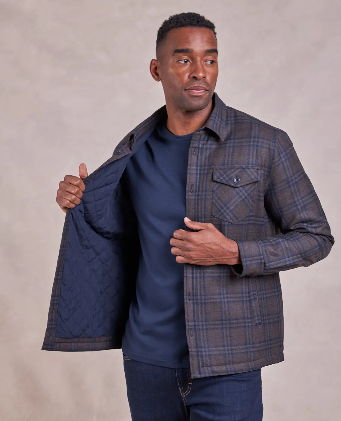 The Barrett - Wool Shirt Jacket w/Quilted Lining - Brown/Navy