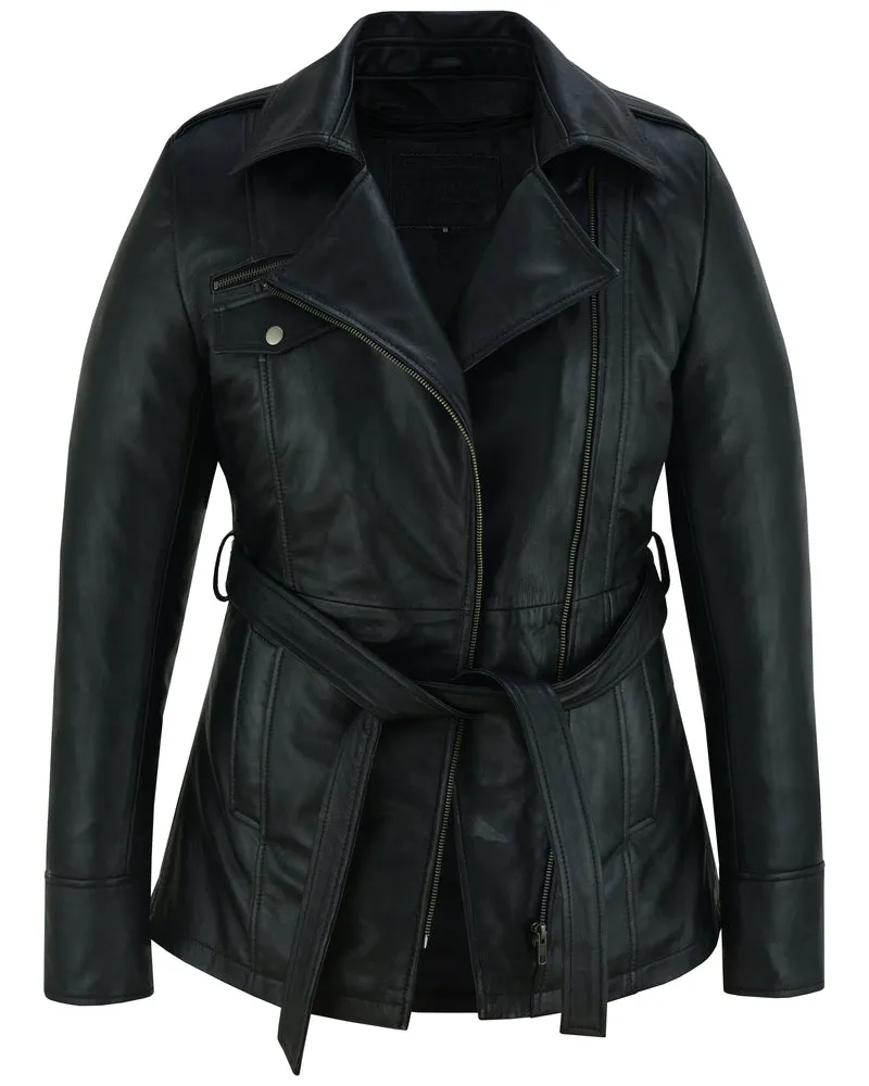 The Elan - Women's Black Thigh Length Leather Jacket