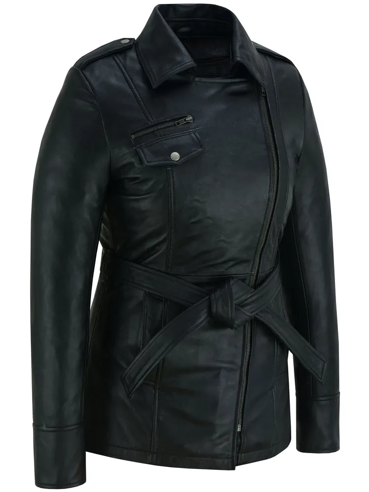 The Elan - Women's Black Thigh Length Leather Jacket