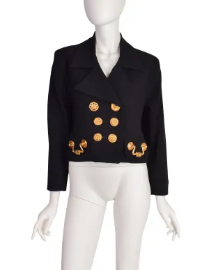 Todd Oldham Vintage 1992 Black Wool Gold Drawer Pull Hardware Blazer Jacket