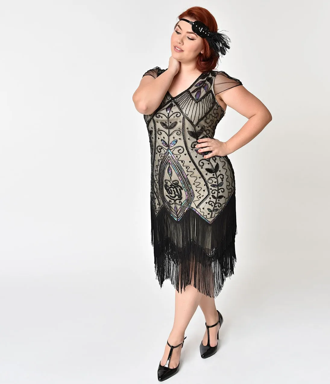 Unique Vintage Plus Size 1920s Black Rose & Champagne Noele Fringe Flapper Dress