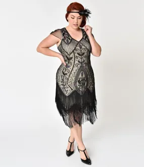 Unique Vintage Plus Size 1920s Black Rose & Champagne Noele Fringe Flapper Dress