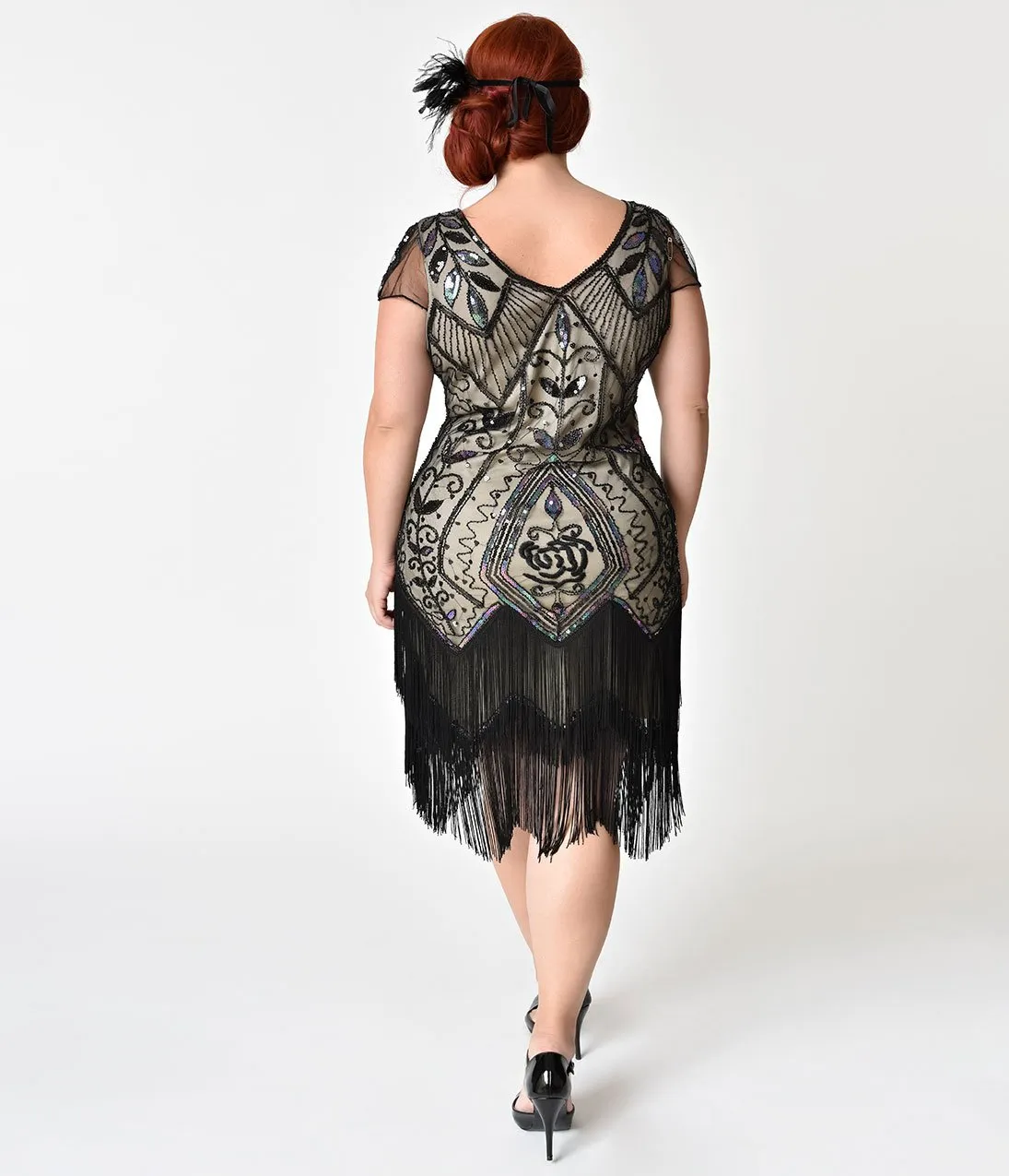 Unique Vintage Plus Size 1920s Black Rose & Champagne Noele Fringe Flapper Dress