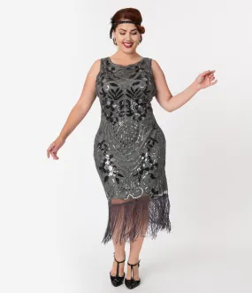 Unique Vintage Plus Size Charcoal Grey Sequin Alix Fringe Flapper Dress