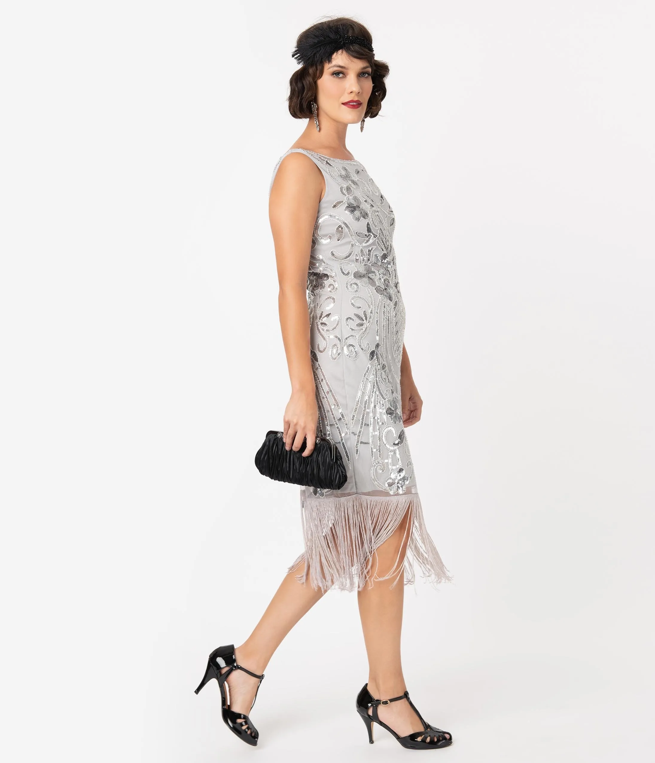 Unique Vintage Silver Sequin Alix Fringe Flapper Dress