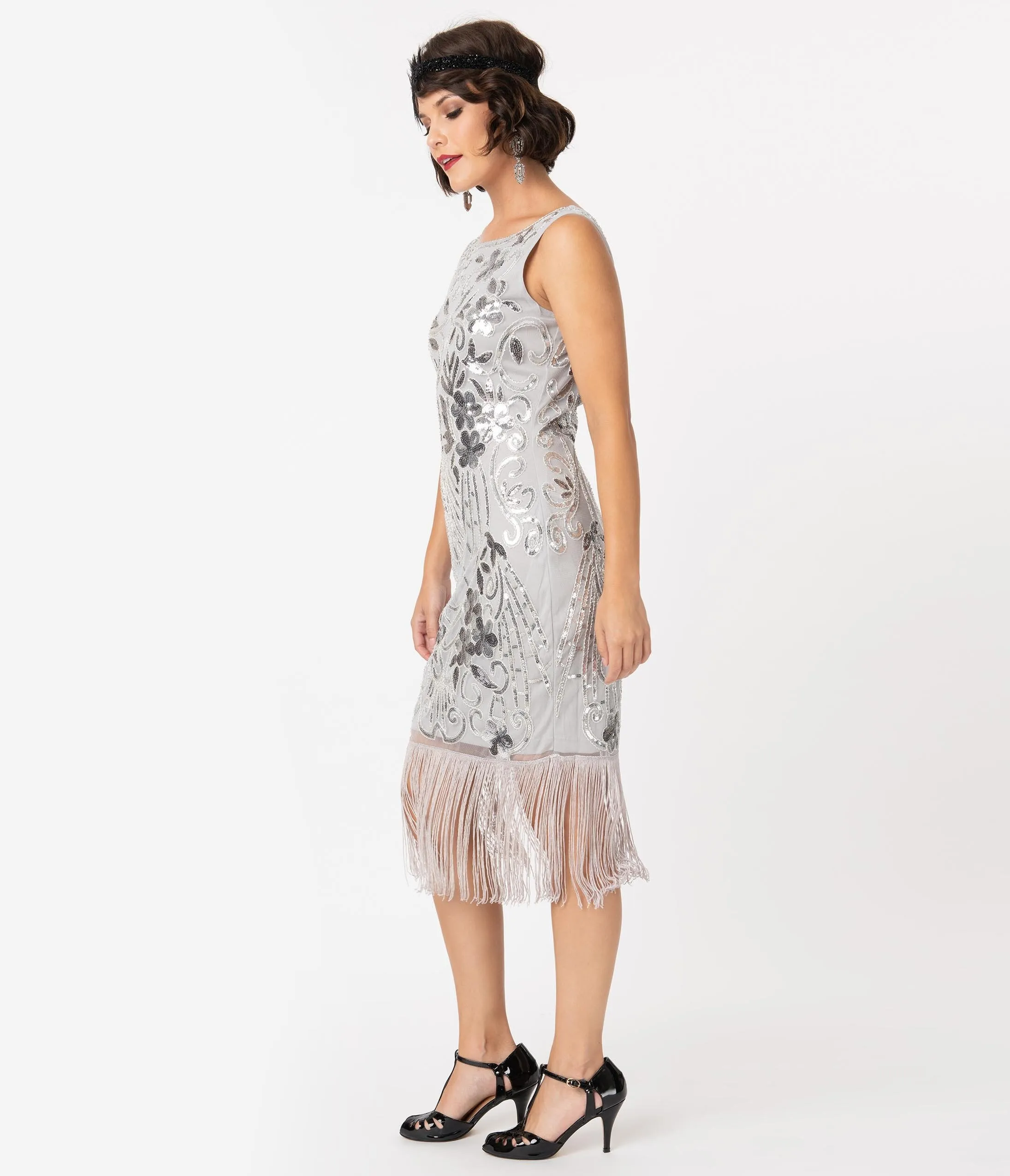 Unique Vintage Silver Sequin Alix Fringe Flapper Dress