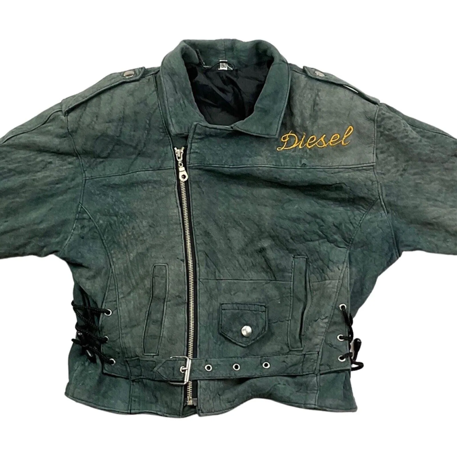 Vintage 90s Designer Grey Suede Diesel Embroidered Cropped Biker Jacket M 12 14