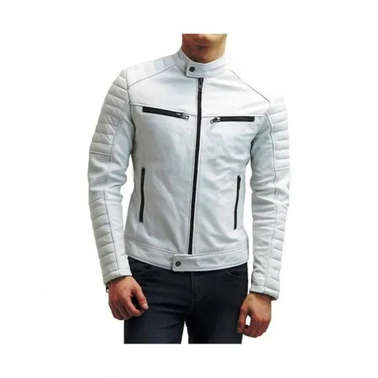 White Quilted Biker Genuine Leather Jacket