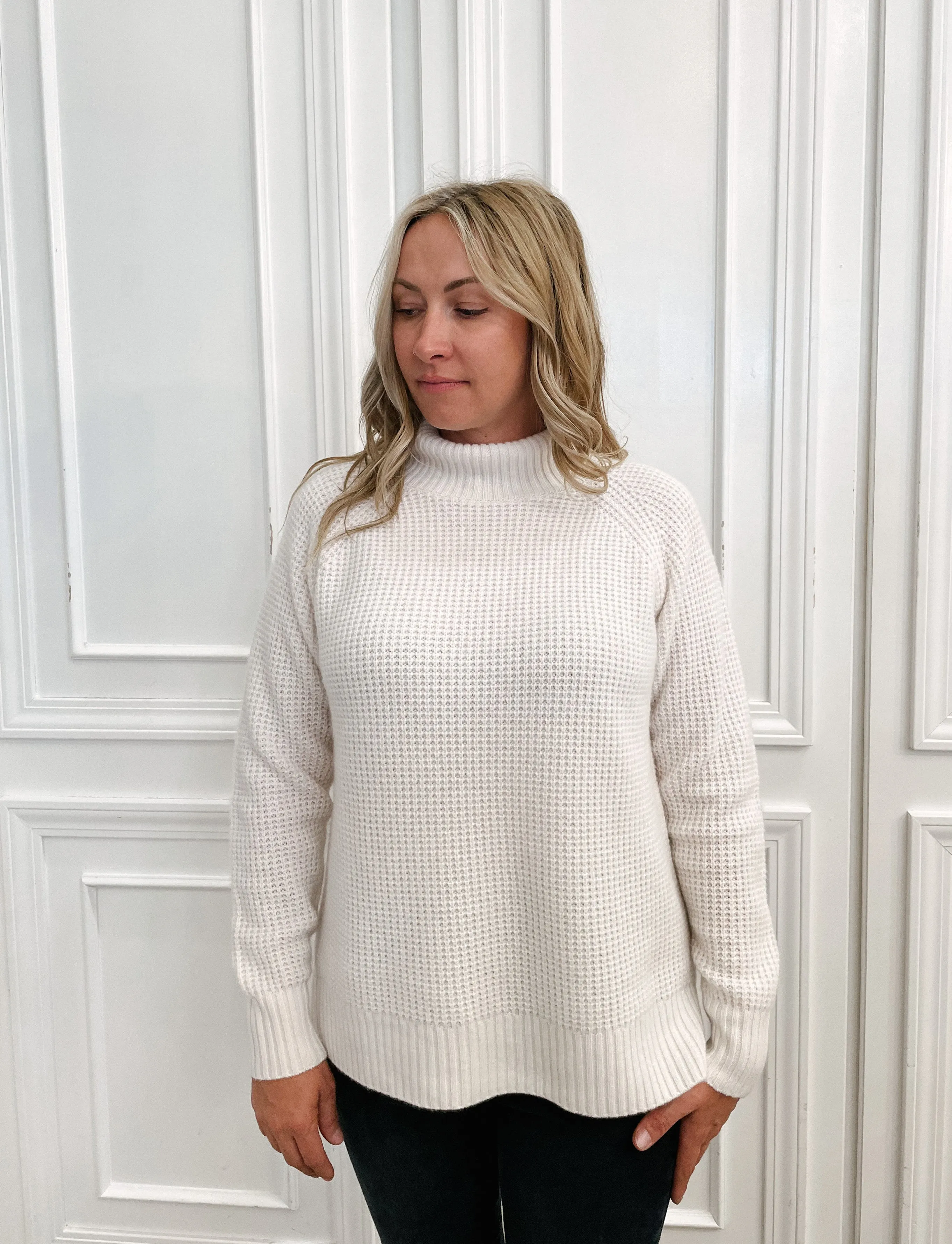 White   Warren - Cashmere Waffle Standneck in Soft White