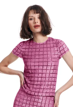 WINDOWPANE BEADED AND SEQUINED  TEE