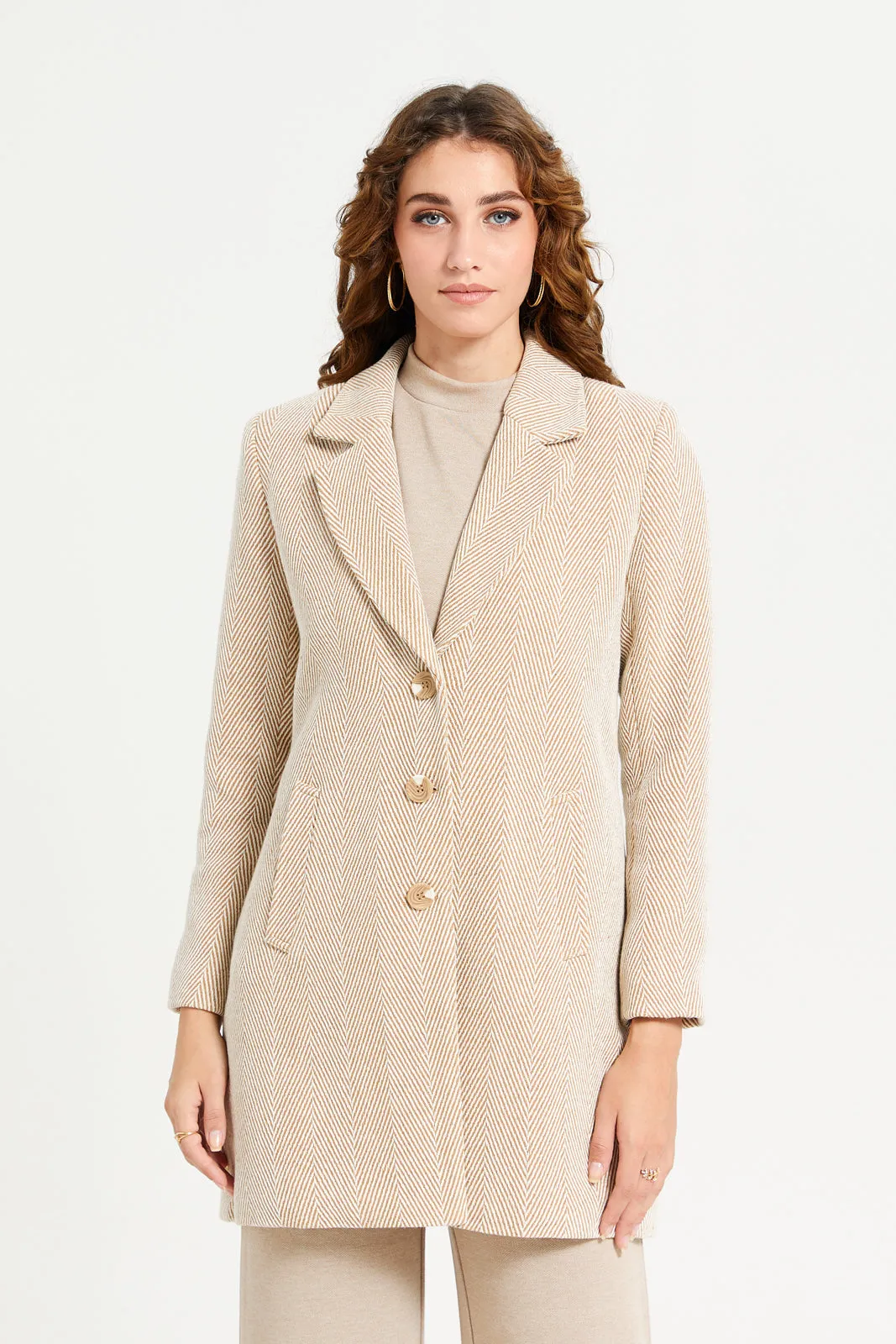 Women Beige Jacquard Long Coat