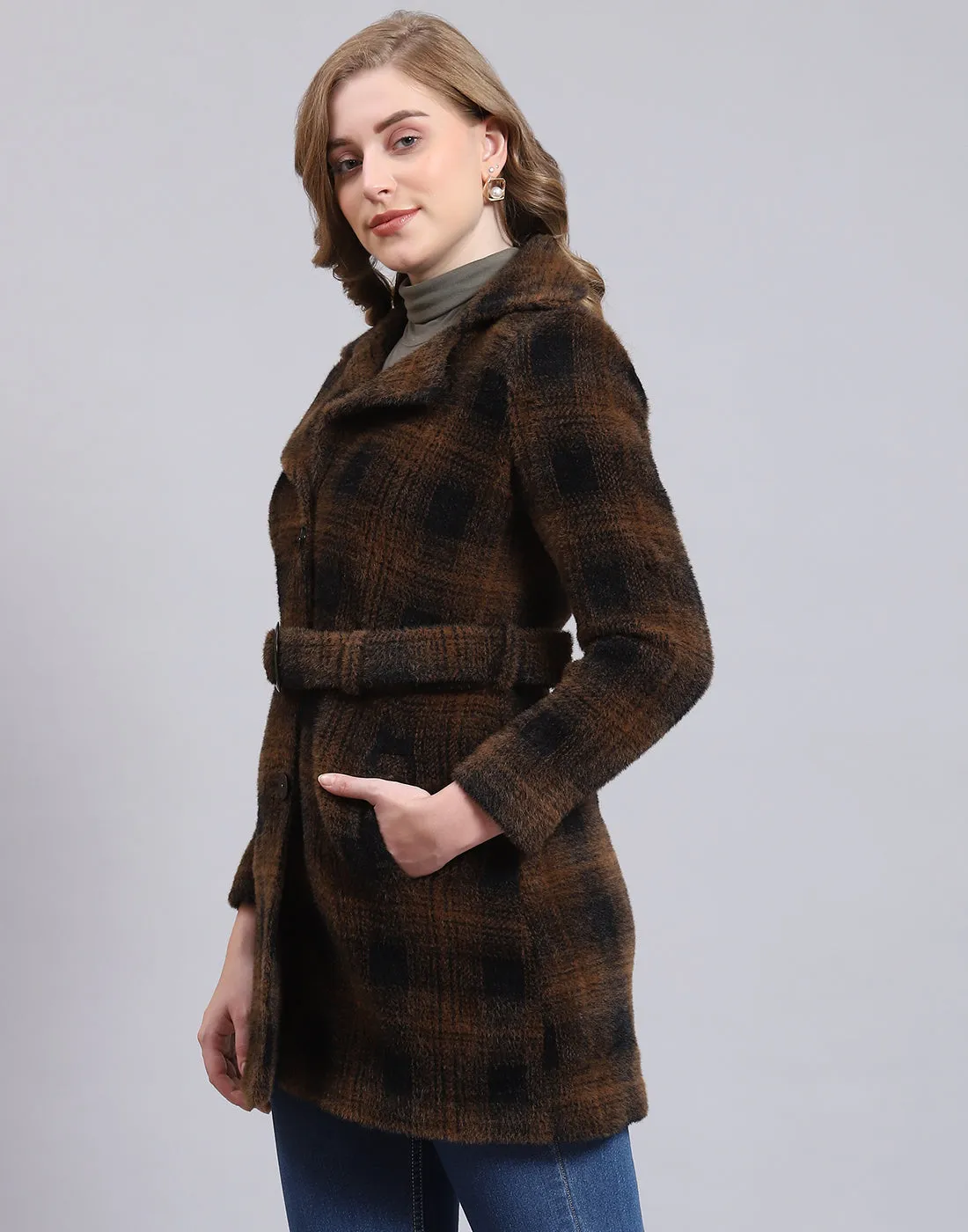 Women Brown Check Lapel Collar Full Sleeve Coat