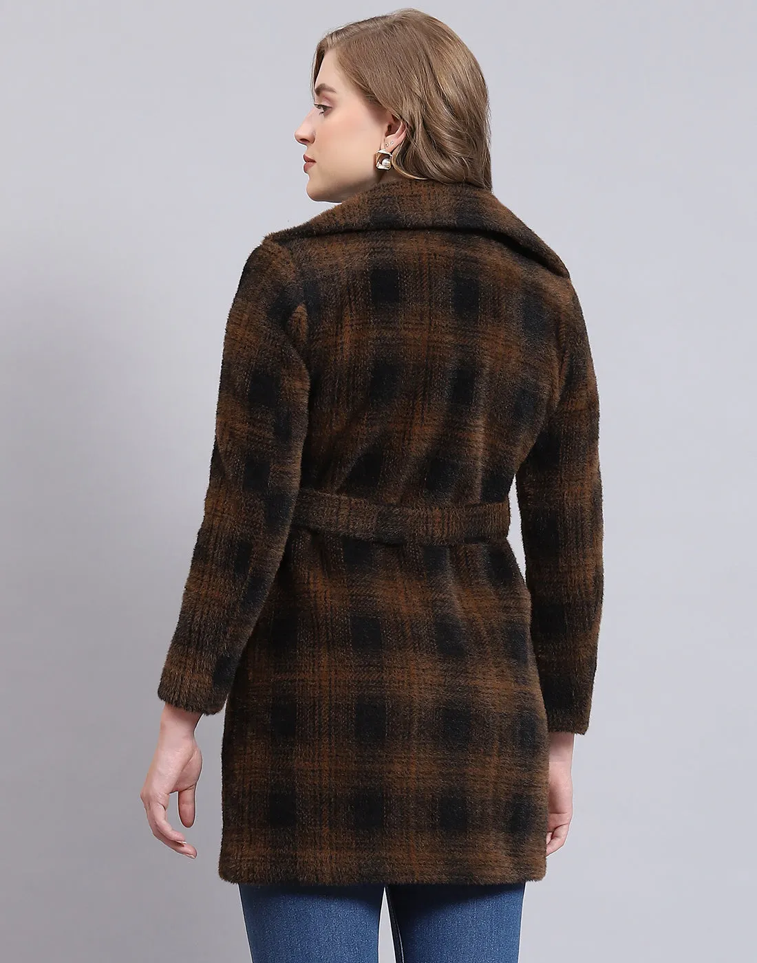 Women Brown Check Lapel Collar Full Sleeve Coat