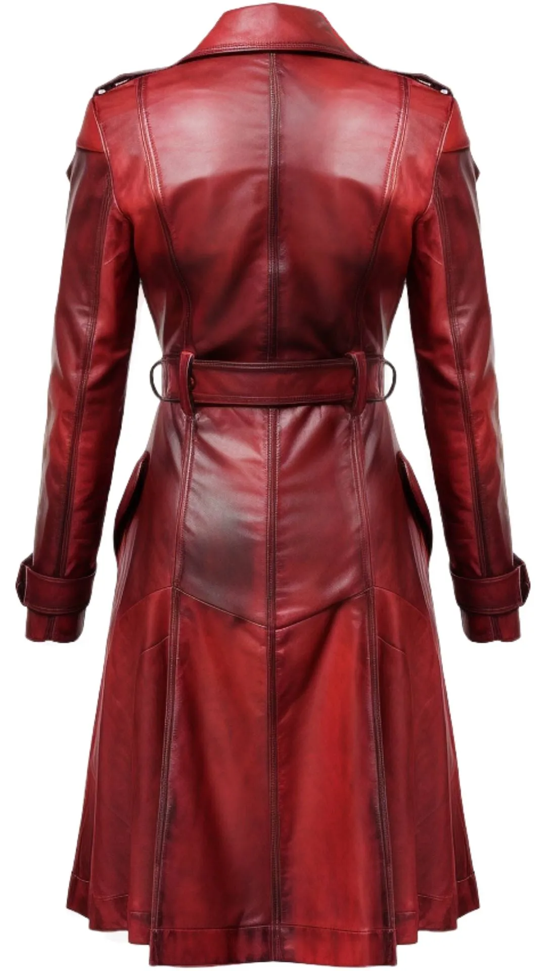 Women Distressed Red Leather Long Coat