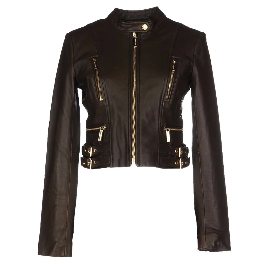 Women Golden Vintage Zipper Biker Leather Jacket