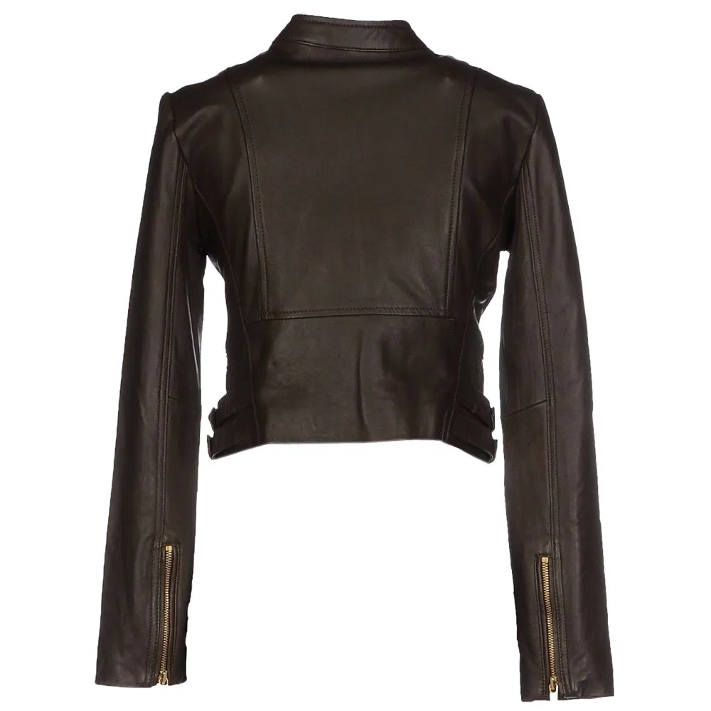 Women Golden Vintage Zipper Biker Leather Jacket