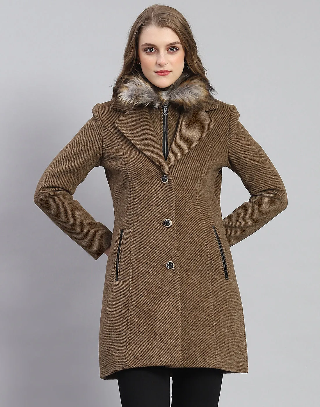 Women Khaki Solid Lapel Collar Full Sleeve Coat