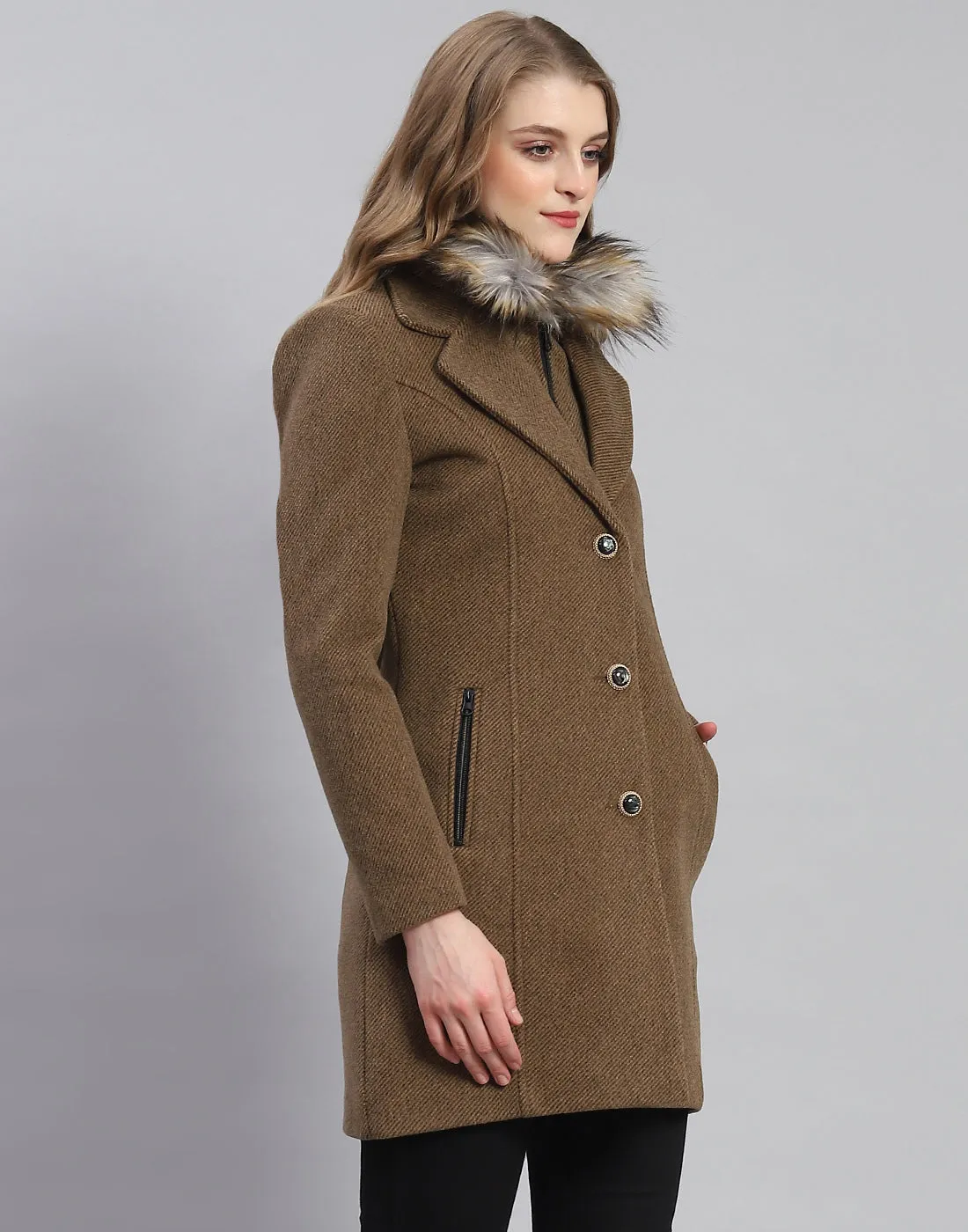 Women Khaki Solid Lapel Collar Full Sleeve Coat