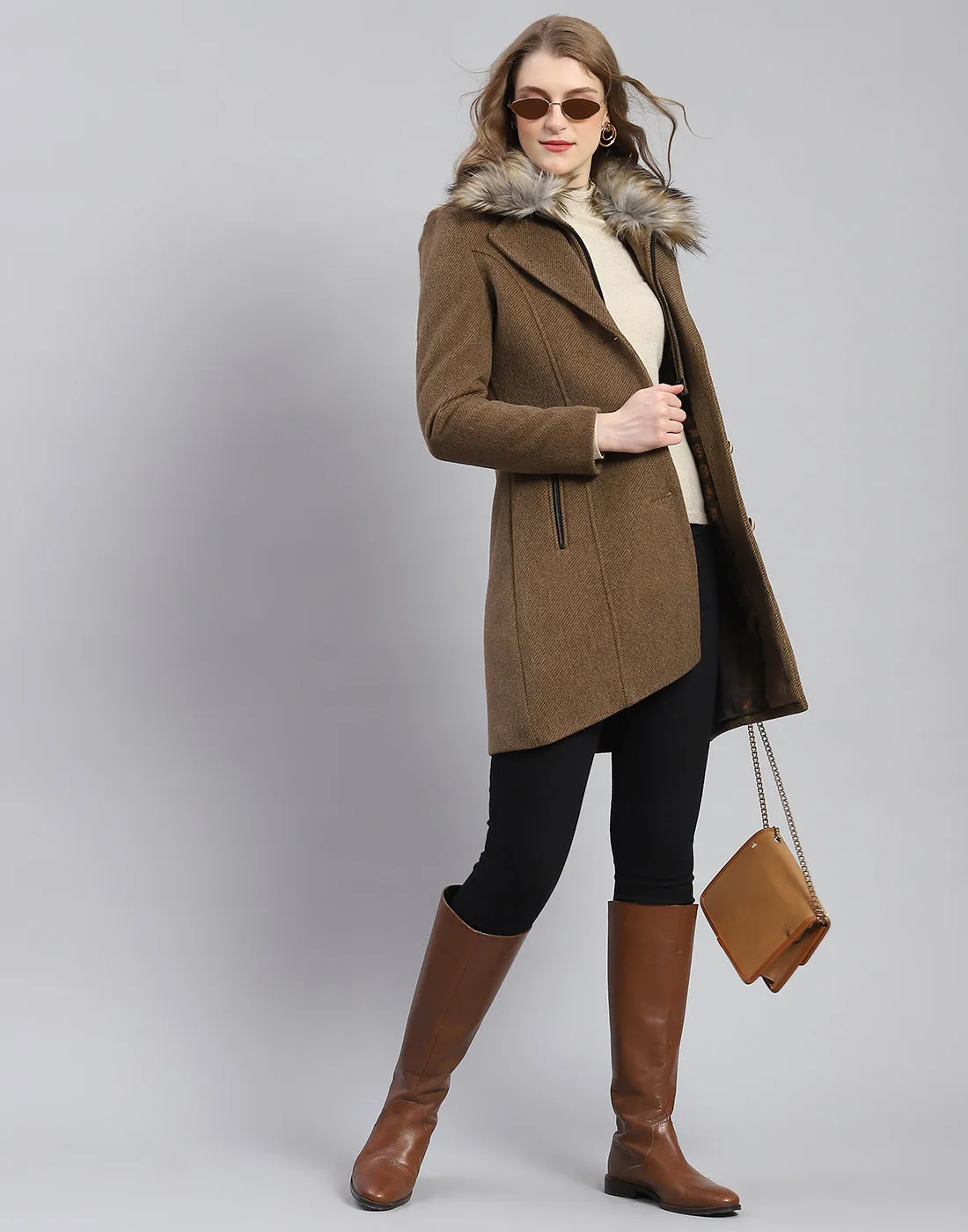 Women Khaki Solid Lapel Collar Full Sleeve Coat