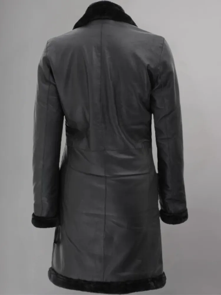 Women Maura Black Leather Long Shearling Coat