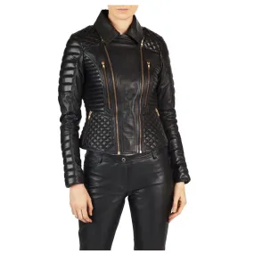 Women Motorcycle Biker Leather Jacket Gold Zipper