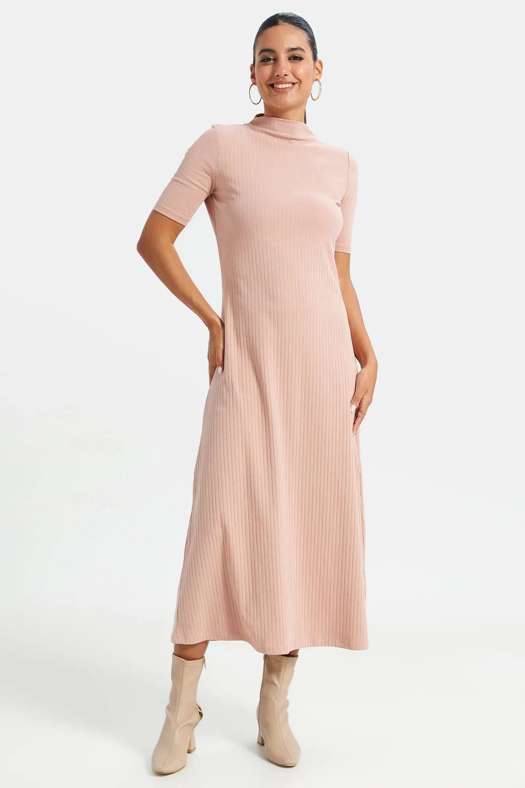 Women Pink High-Neck Ribbed Dress