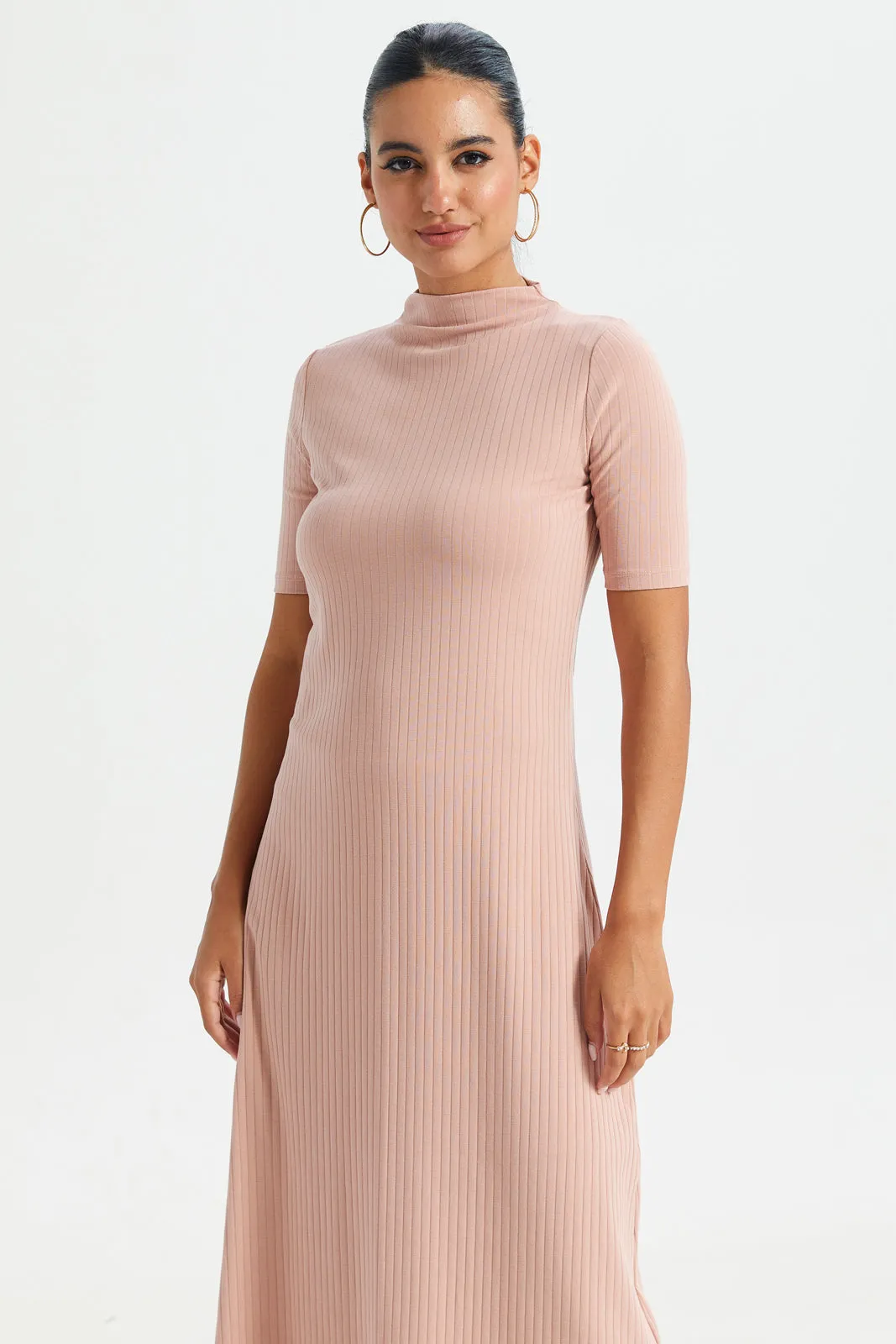 Women Pink High-Neck Ribbed Dress