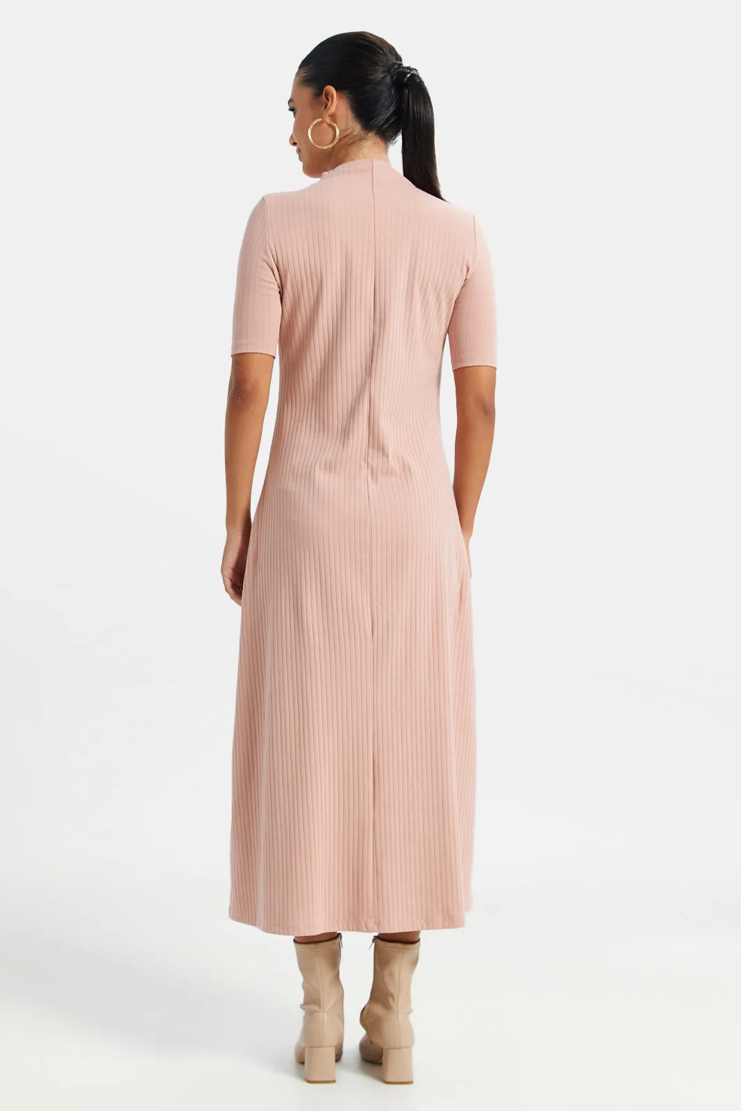 Women Pink High-Neck Ribbed Dress