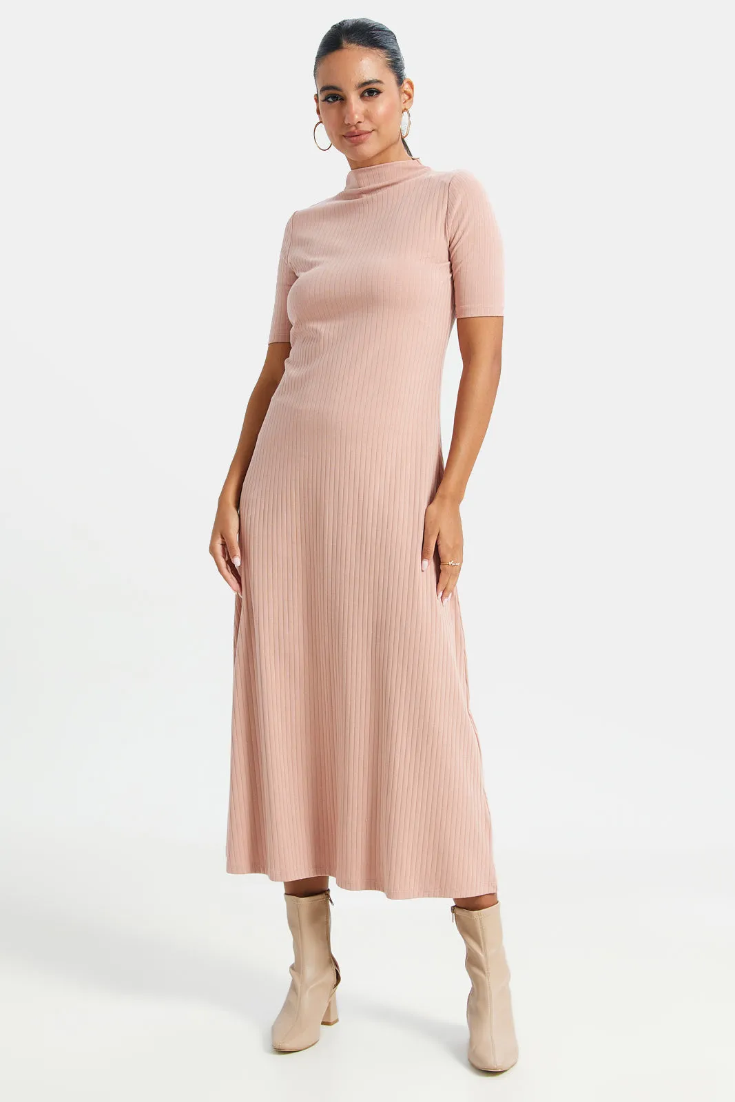 Women Pink High-Neck Ribbed Dress