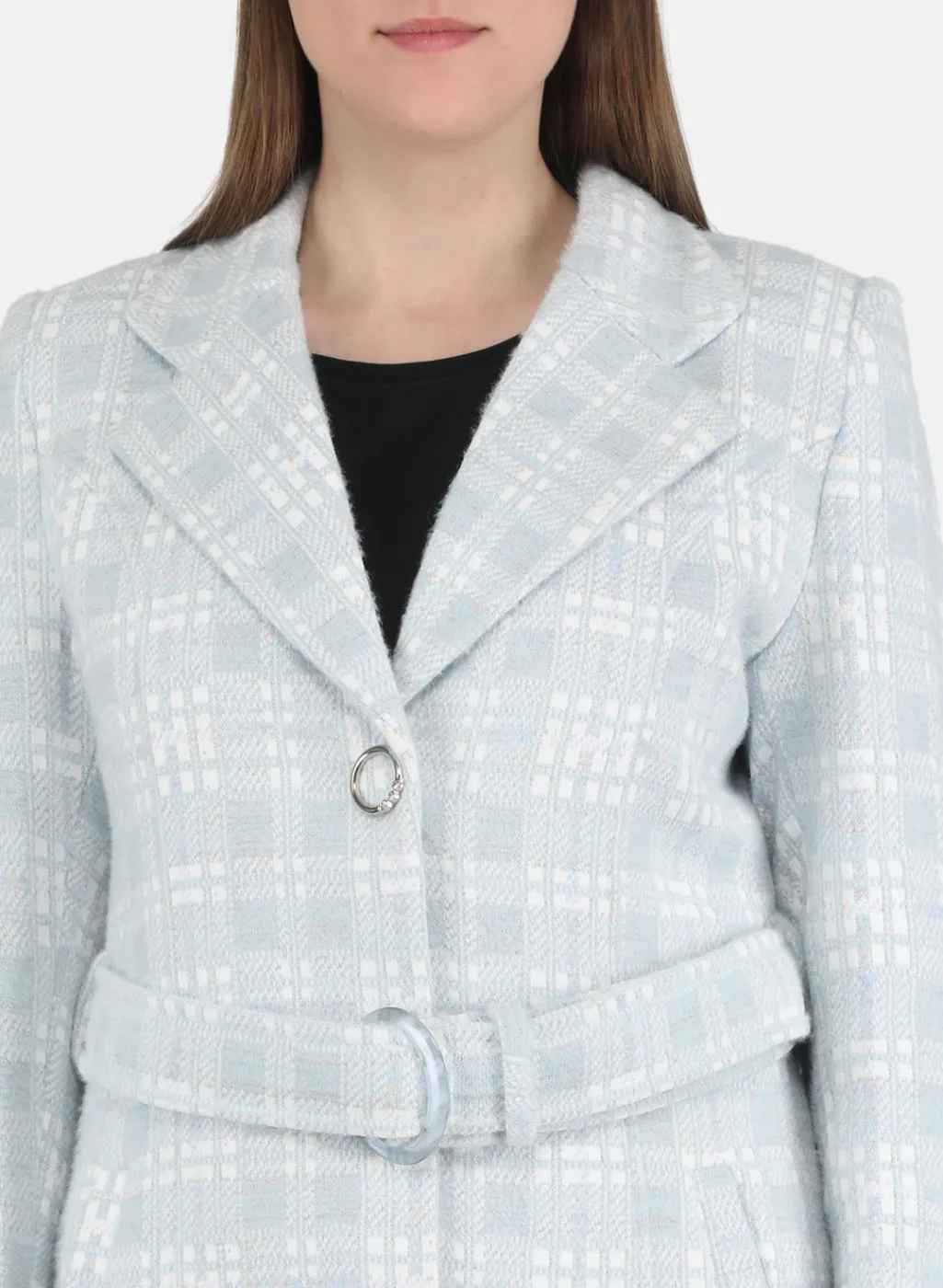 Women Sky Blue Jaquard Coat