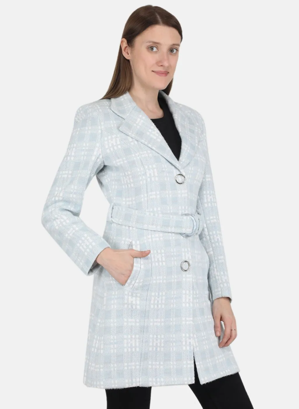 Women Sky Blue Jaquard Coat