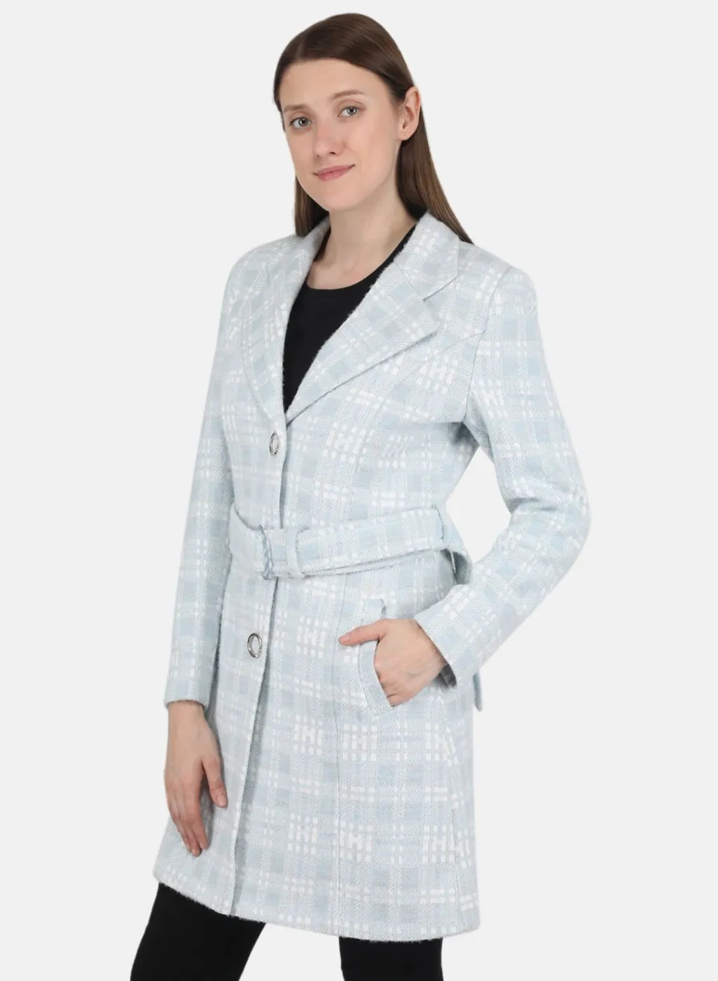 Women Sky Blue Jaquard Coat