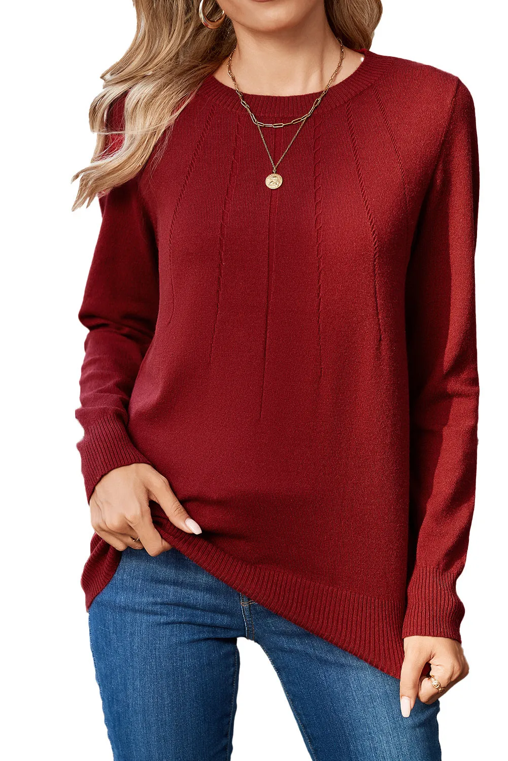 Womens Casual Lightweight Knit Pullover Crew Neck Long Sleeve Sweater Tops