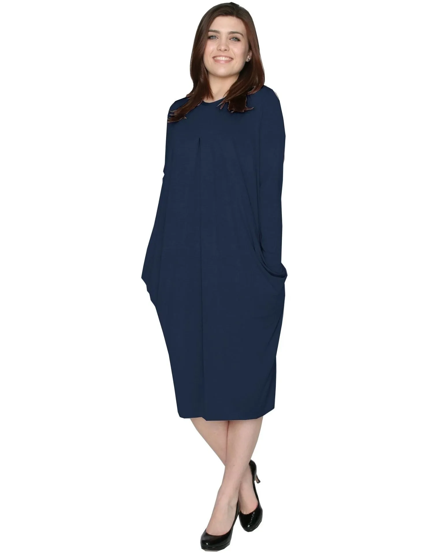 Women's Pleated Drape Front Slouch Pocket Midi Dress