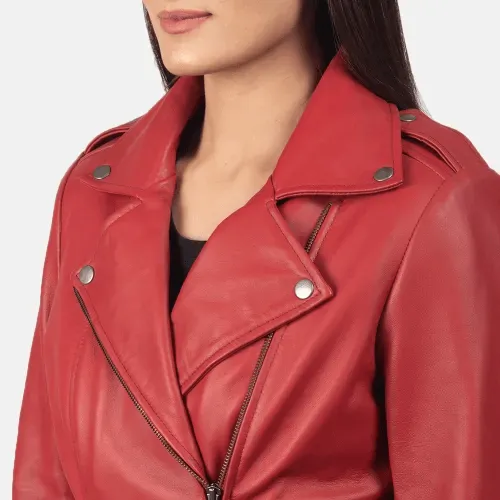 Womens Red Leather Flashback Biker Jacket