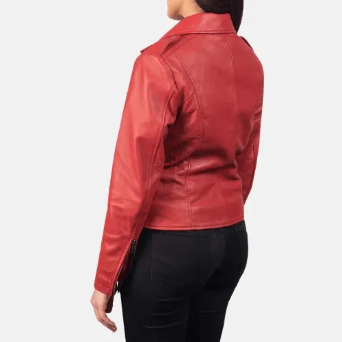 Womens Red Leather Flashback Biker Jacket