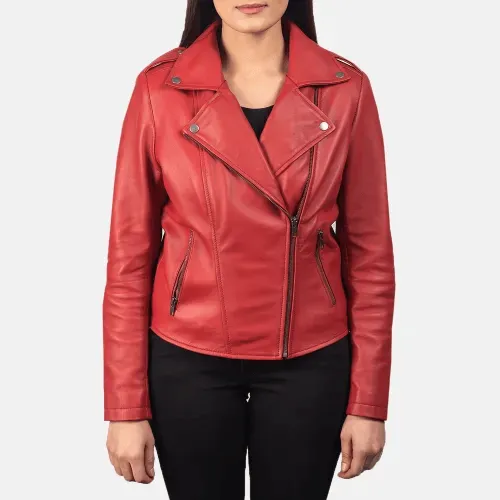 Womens Red Leather Flashback Biker Jacket