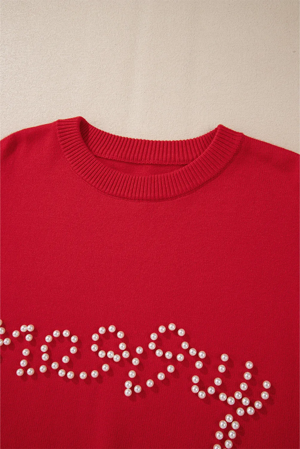 Womens Red Pearl Beaded Merry Casual Sweater