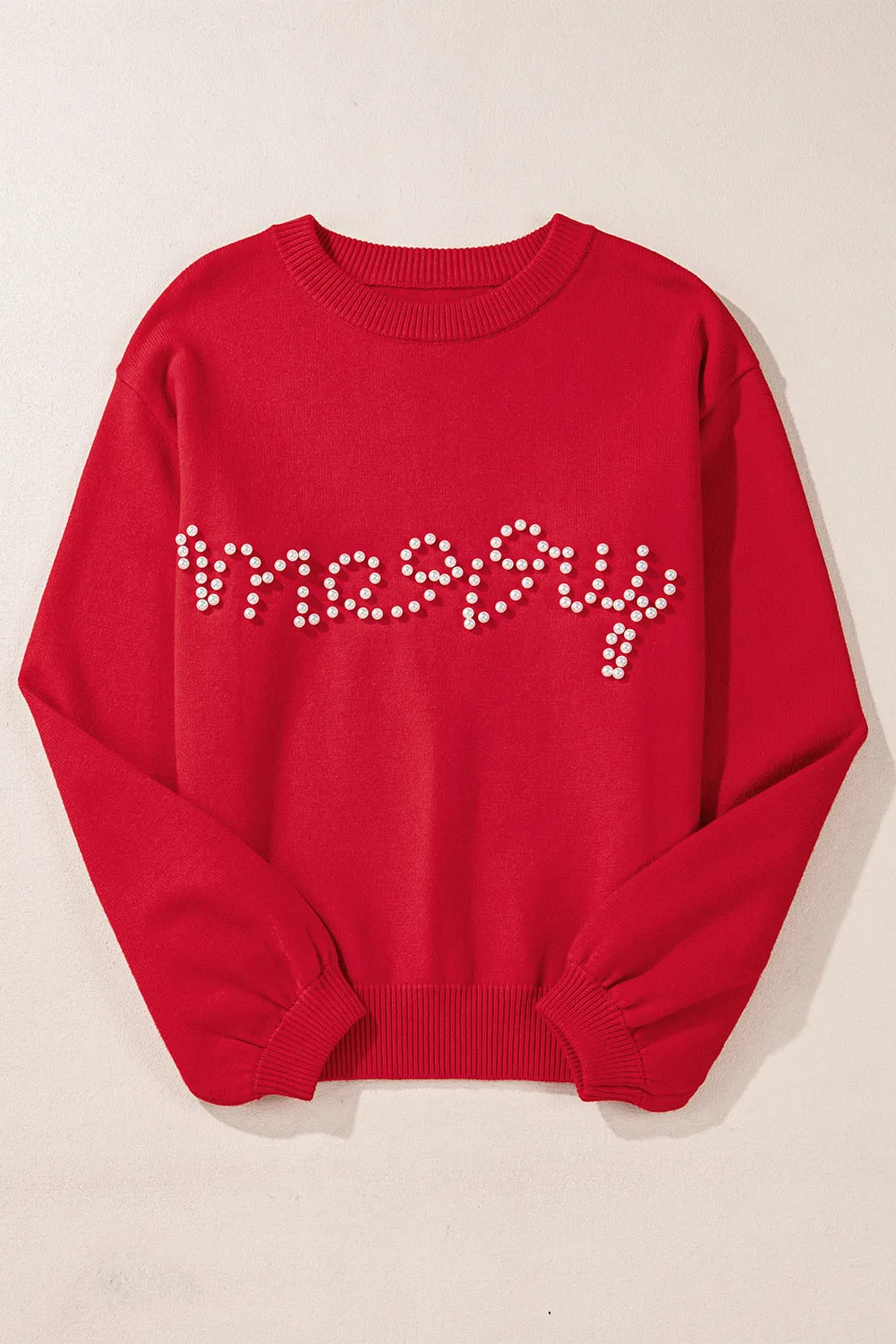 Womens Red Pearl Beaded Merry Casual Sweater