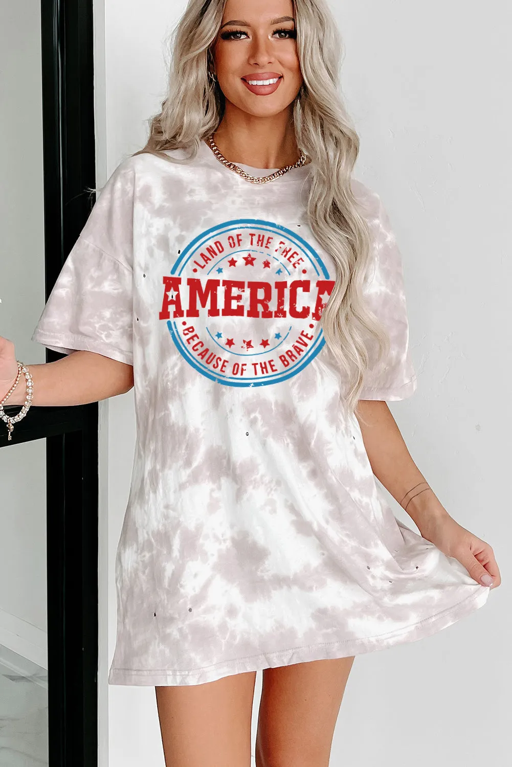 Women's Summer Oversized Tie-dye America Graphic T-shirt Dress Tunic Tee Tops