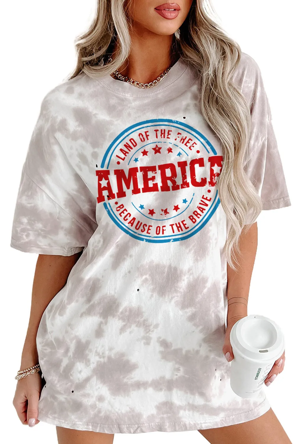 Women's Summer Oversized Tie-dye America Graphic T-shirt Dress Tunic Tee Tops